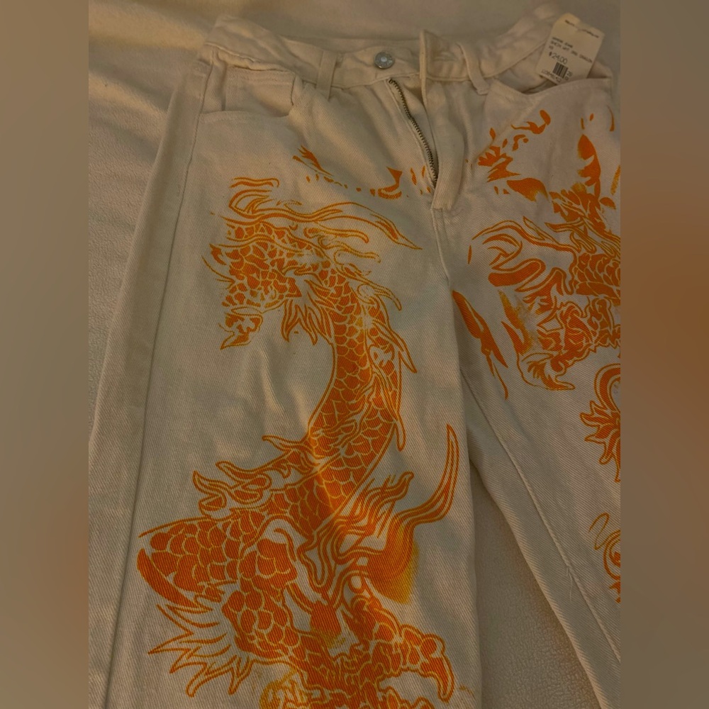 XS SHEIN White & Orange Dragon Printed Jeans